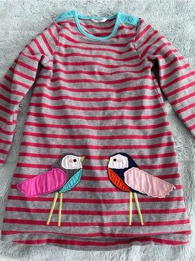 Baby Boden Pink and Grey Striped Dress with Bird Appliqués